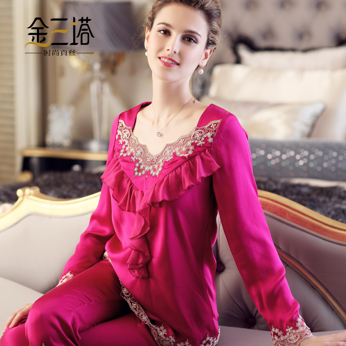 Autumn new arrival mulberry silk women's lounge embroidery laciness silk sleep set