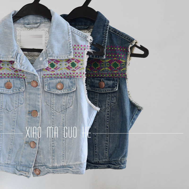 Autumn new arrival national trend embroidery retro finishing moben vintage short design denim vest