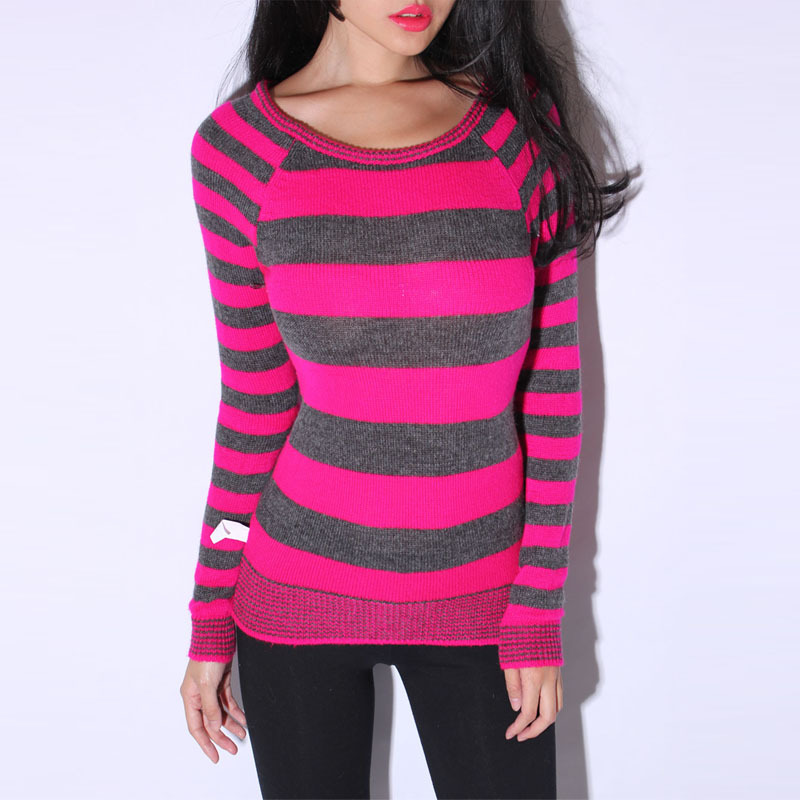 Autumn new arrival neon xianxiongtaocheng powder stripe o-neck long-sleeve slim sweater basic shirt