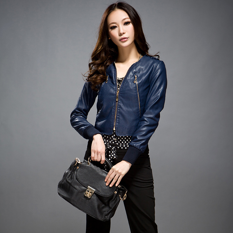 Autumn new arrival outerwear water washed leather slim motorcycle leather clothing PU clothing short design outerwear