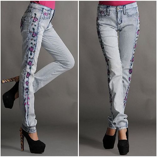 Autumn new arrival women's national embroidery elastic skinny jeans pencil pants embroidered bodice mid waist trousers female