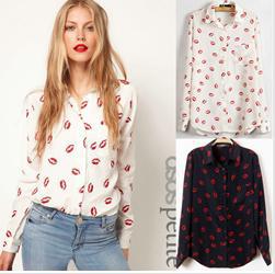 Autumn new fashion womens' Hot Red lip print chiffon blouse quality elegant casual t shirt slim brand design free shippingF35