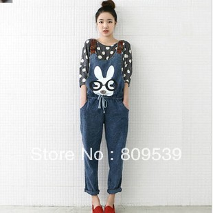 Autumn new han dress printing splicing leather buckle in braces jeans loose waist deep blue conjoined twin pants