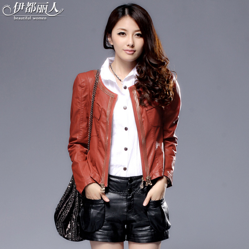 Autumn plus size short design slim zipper leather clothing water washed leather clothing PU jacket women's outerwear