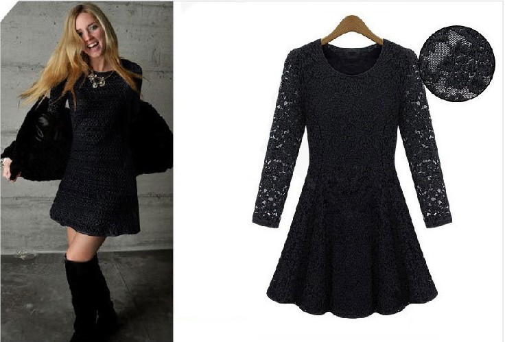 Autumn Preppy style Hot sell Blcak lace Dresses for women  long sleeve one-piece dressZ-005