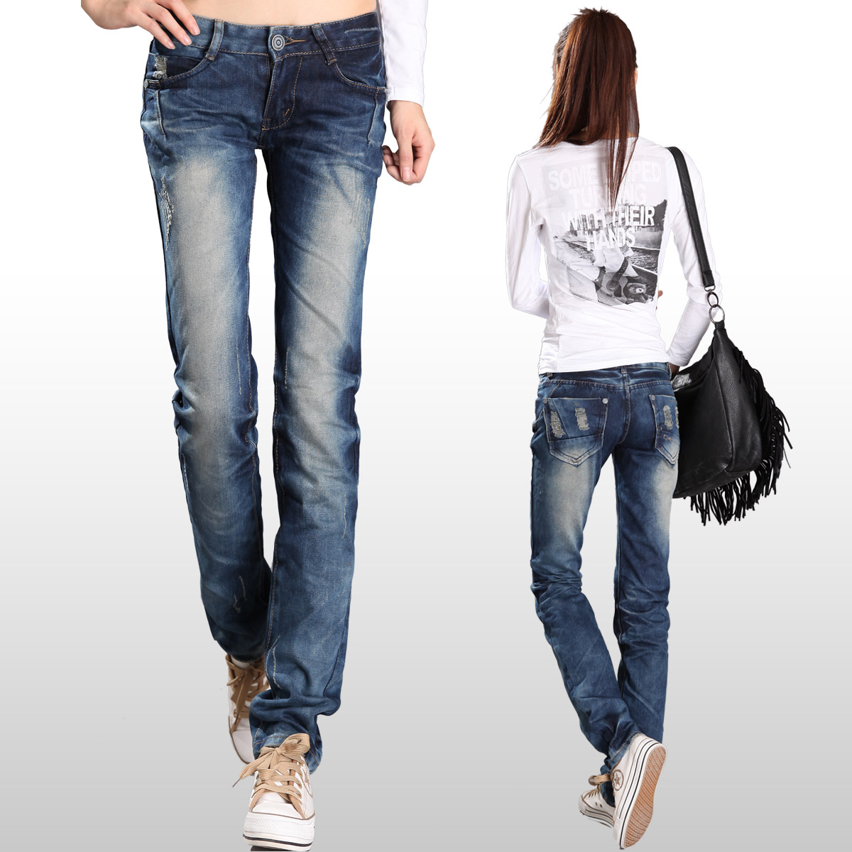 Autumn reminisced water wash wearing white scratches slim straight jeans female trousers