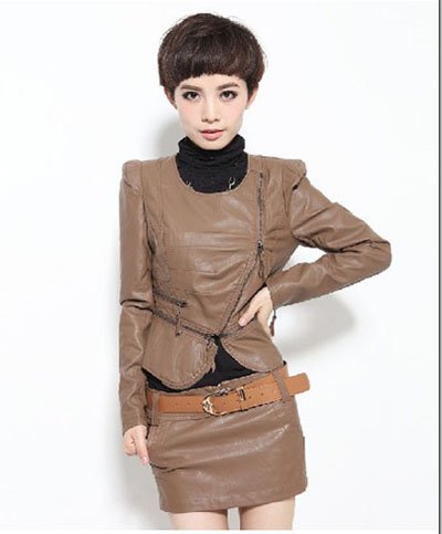 Autumn side zipper stand-up collar PU coat women's self-cultivation Jacket  # 3957