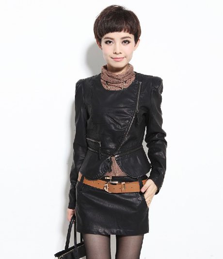 Autumn side zipper stand-up collar PU coat women's self-cultivation Jacket (Jacket + pants) # 3956