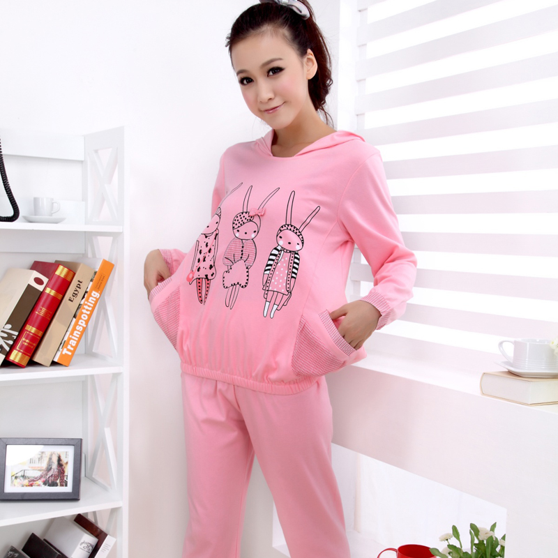 Autumn sleepwear female autumn and winter cotton long-sleeve sweet cartoon with a hood set lounge women's