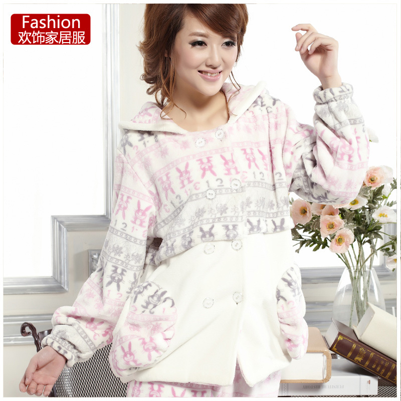 Autumn sleepwear female thickening coral fleece long-sleeve set cartoon print 44190