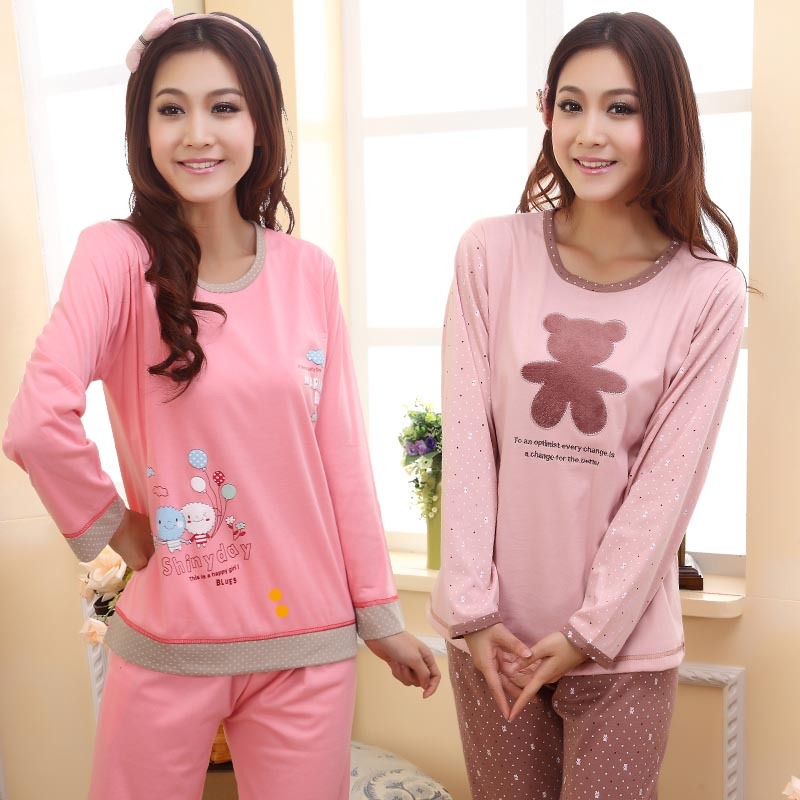 Autumn sleepwear lounge set 100% cotton long-sleeve o-neck thick women's at home service 100% cotton pink winter