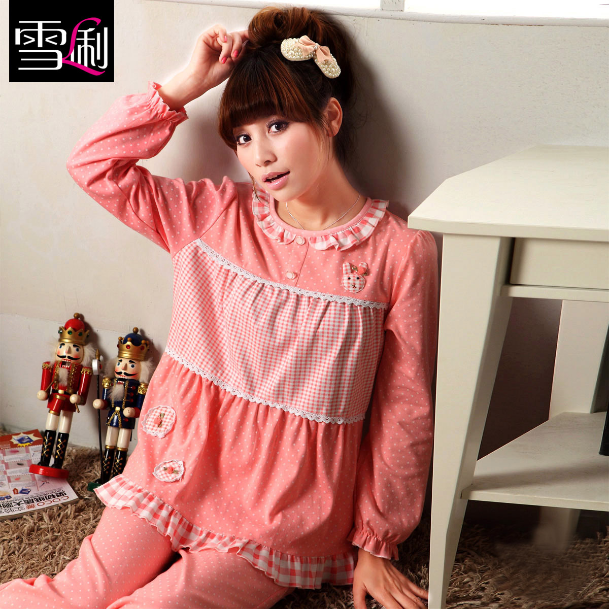 Autumn sleepwear lounge women's long-sleeve sleepwear knitted cotton spring and autumn at home service set 82125