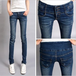 Autumn & spring in high waist slim elastic straight jeans female/women trousers breasted#5172