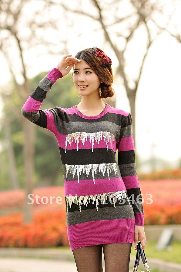 Autumn/Spring Korean style Ladies' Striped Sequined Sweater Crewneck Fashion Light Sweater Women Caual Wear Long Sleeve 8841