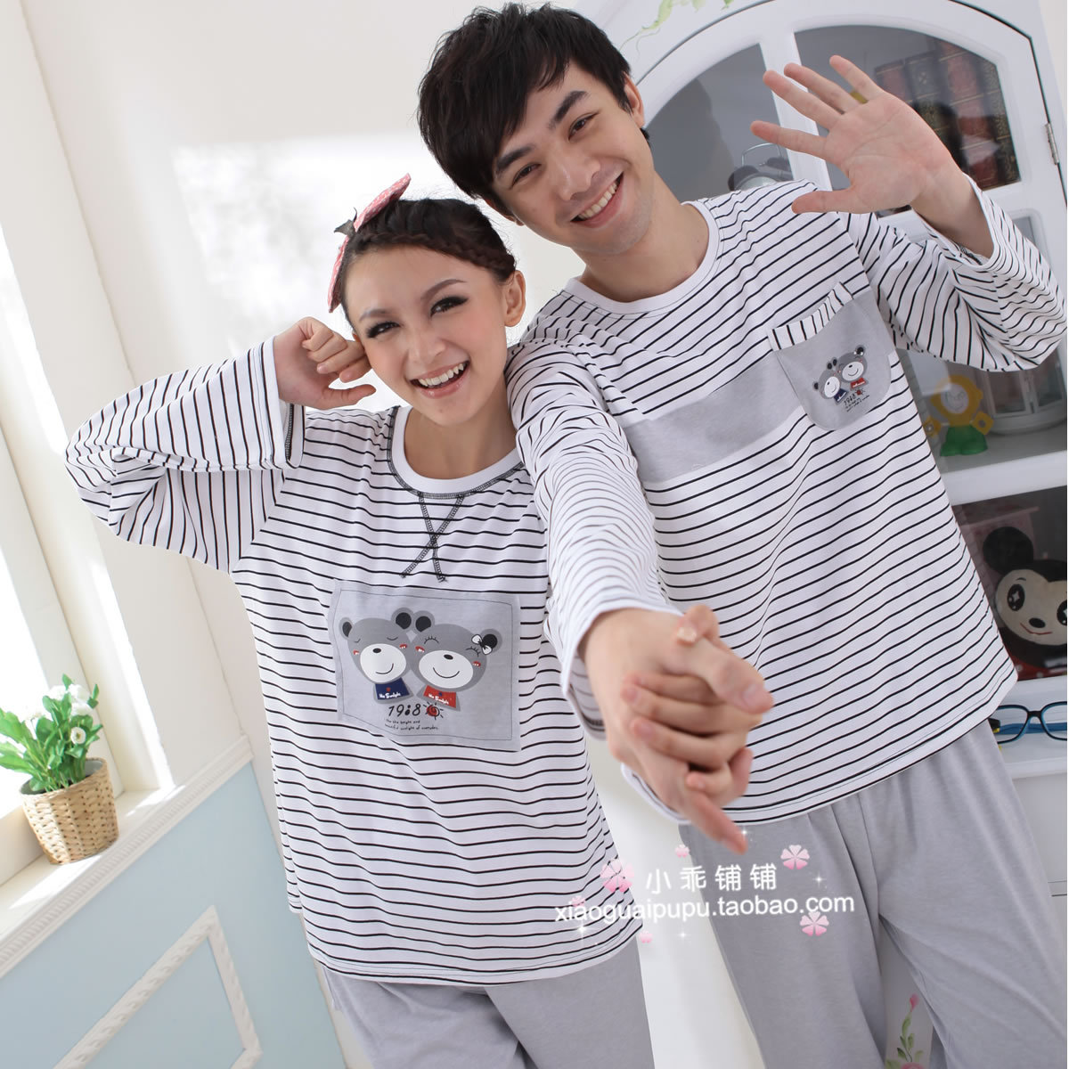 Autumn stripe 2 bear long-sleeve lovers sleep set 100% cotton casual lounge 2385