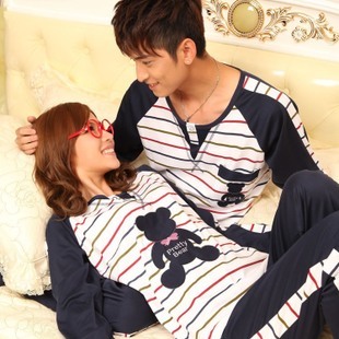 Autumn stripe lovers sleepwear long-sleeve set cartoon 100% cotton lounge 2359