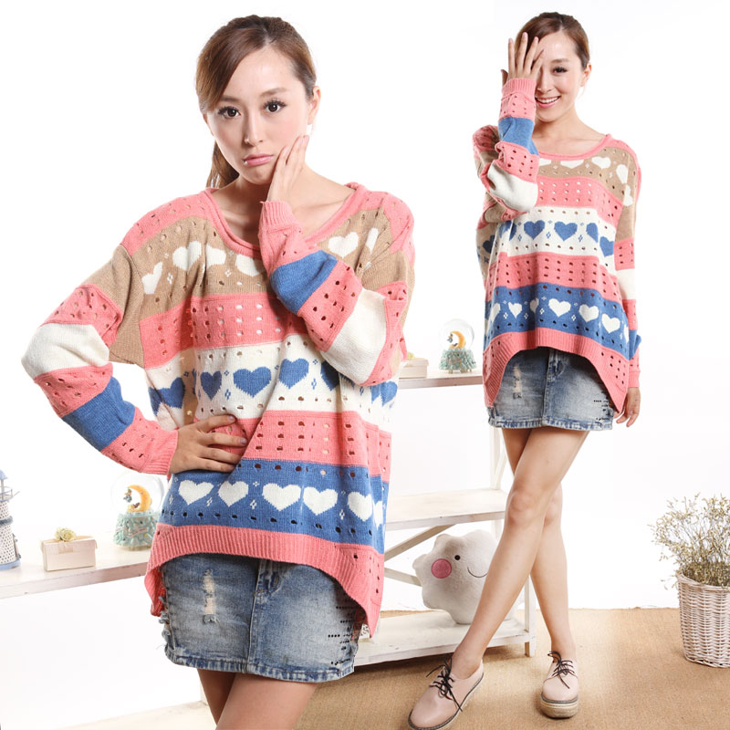 Autumn sweater cutout female loose knitted sweater straight stripe color block decoration plus size sweater