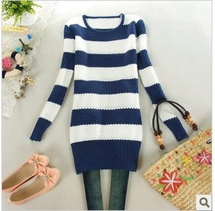 Autumn sweater female navy style o-neck pineapple needle slim long-sleeve medium-long stripe outerwear