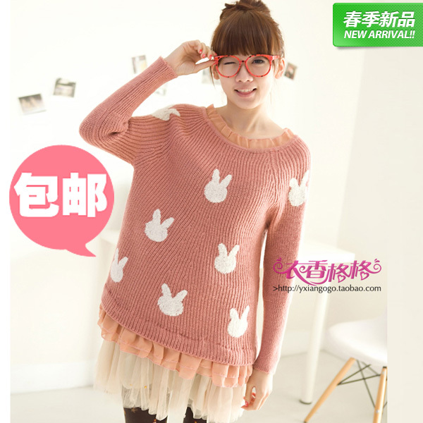 Autumn sweet rabbit lace sweep medium-long batwing shirt sweater female