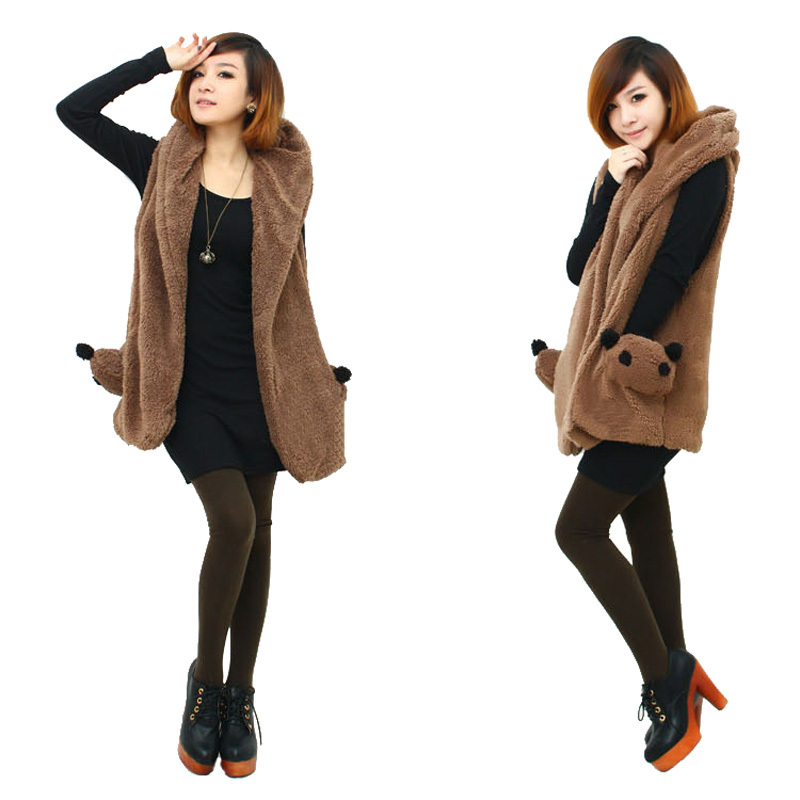 Autumn sweet women's double faced berber fleece pocket vest with a hood vest outerwear female