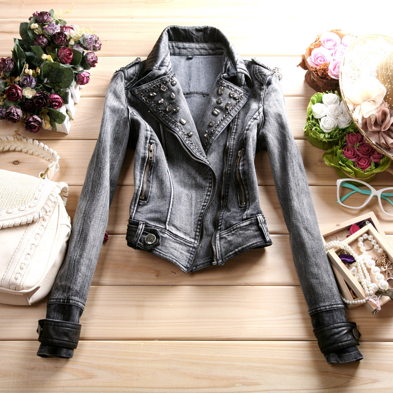 Autumn turn-down collar faux leather patchwork slim long-sleeve denim short jacket shorts top