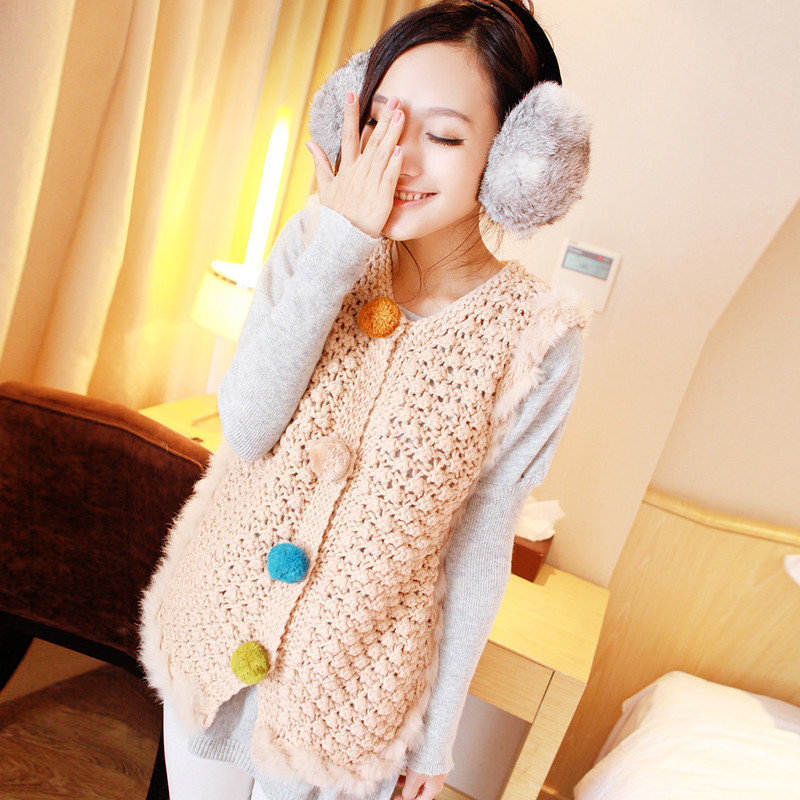 Autumn vest women's knitted rabbit fur bordered sphere loose sweater long design outerwear