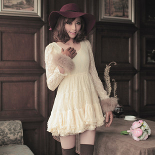 Autumn vintage slim all-match sweep cake lace long-sleeve dress puff skirt dress