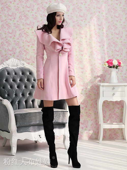 Autumn winter fashion new Sweet classic  long design ruffle Women woolen outerwear woolen overcoat trench free shipping