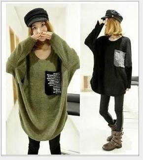 Autumn winter fashion women's loose long sleeve pocket letter decorated batwing black sweater outerwear/knitwear 55120