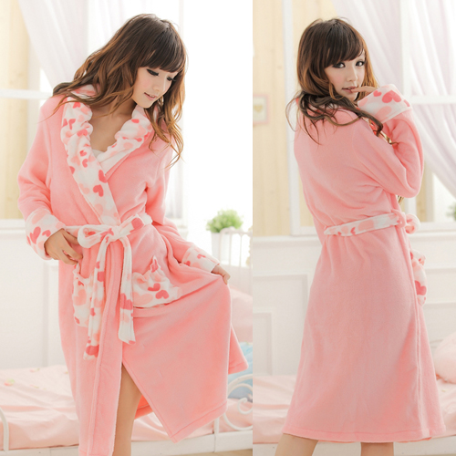 autumn & winter Lady's thick sleepwear coral fleece heart pattern ladies' long-sleeve robe bathrobes pajamas set