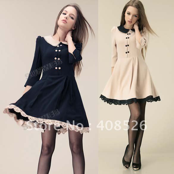 Autumn Winter Women's Dress vintage Slim Fit Doll Collar 3/4 Sleeve Pleated Princess With Belt M,L,XL Free shipping 7941