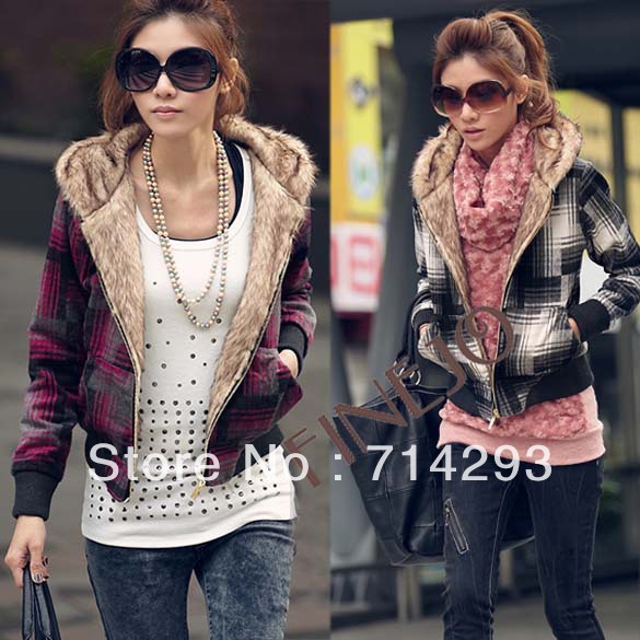 Autumn+Winter Women's Hooded Jacket Coat Warm Faux Fur Outwear Plaids Coats Zip-up Jacket Free shipping 9341