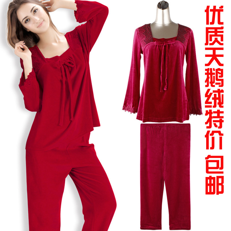 Autumn winter women's velvet sleepwear twinset 2 piece pajamas sets long-sleeve plus size 2X top lounge pants bed wear solid red