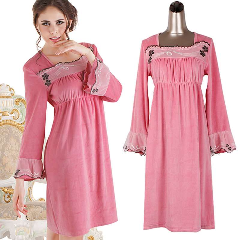 autumn Winter womens ladies mother sleepwear velvet nightgown sleepshirt pajama sleepwear homewear flare sleeve solid pink 66050