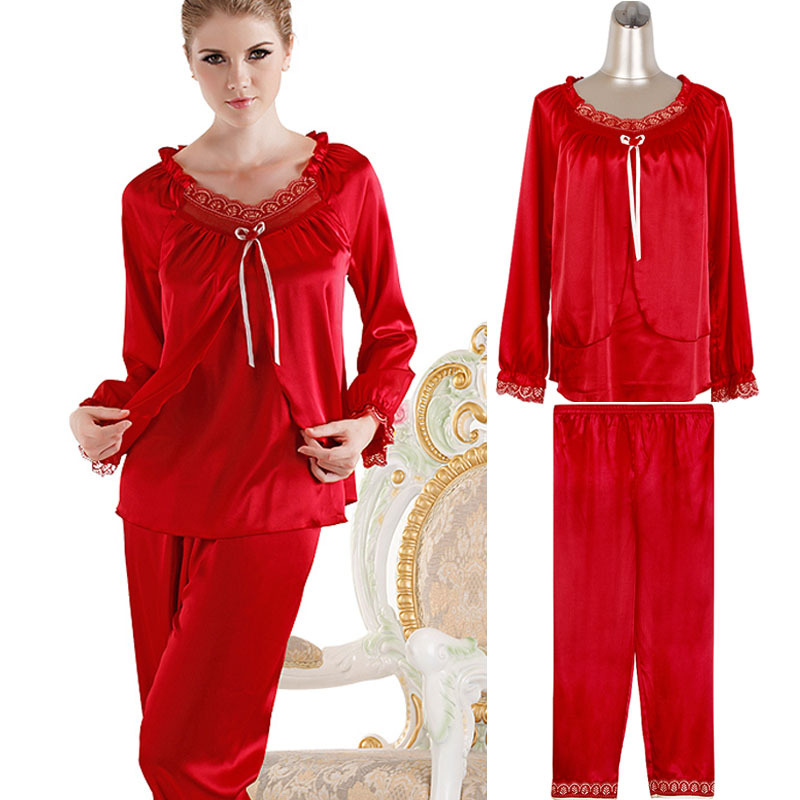 Autumn winter womens ladies puff long sleeve sleepwear pajamas set Nightwear solid red blue sexy elegant lace plus size 2X 66019