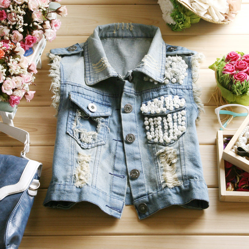 Autumn Women fashion cardigan water wash distrressed vest turn-down collar sleeveless denim tassel vest