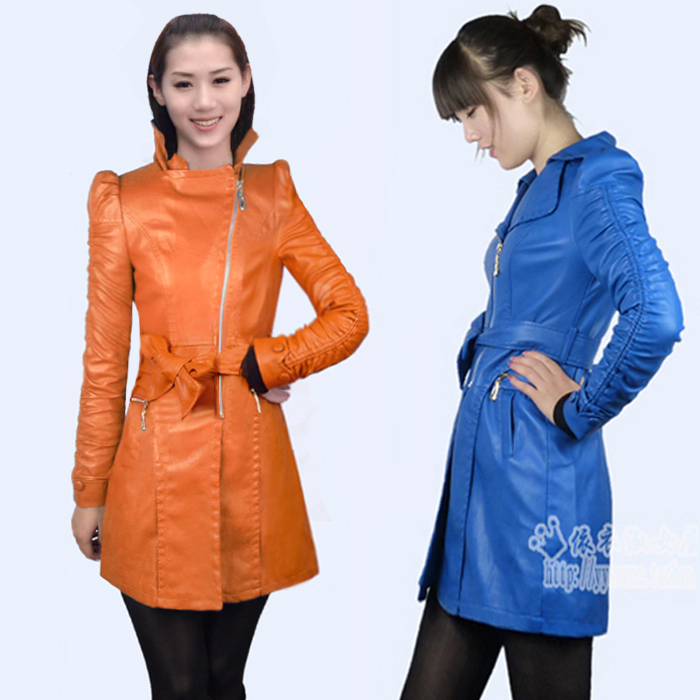 Autumn women outerwear slim PU water washed leather medium-long female leather clothing trench overcoat leather jacket