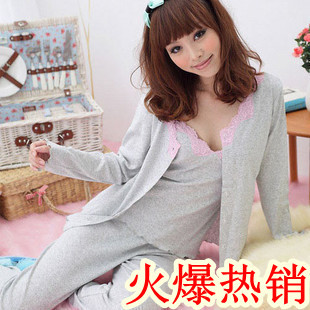 Autumn women's 100% cotton long-sleeve piece set elegant lounge sleepwear lounge#9058