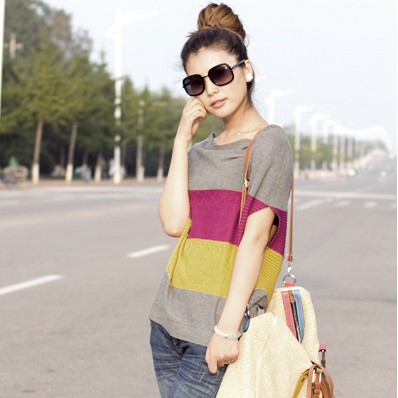 Autumn women's batwing sleeve plus size loose basic stripe sweater outerwear knitted shirt