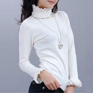 autumn women's fashion long-sleeve gentlewomen lace decoration turtleneck knitted basic shirt sweater free shipping wholesale