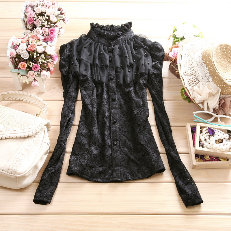 Autumn women's long-sleeve stand collar beaded gauze ruffle cardigan double layer lace shirt top