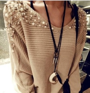 Autumn women's loose elegant pearl beading long-sleeve V-neck sweater