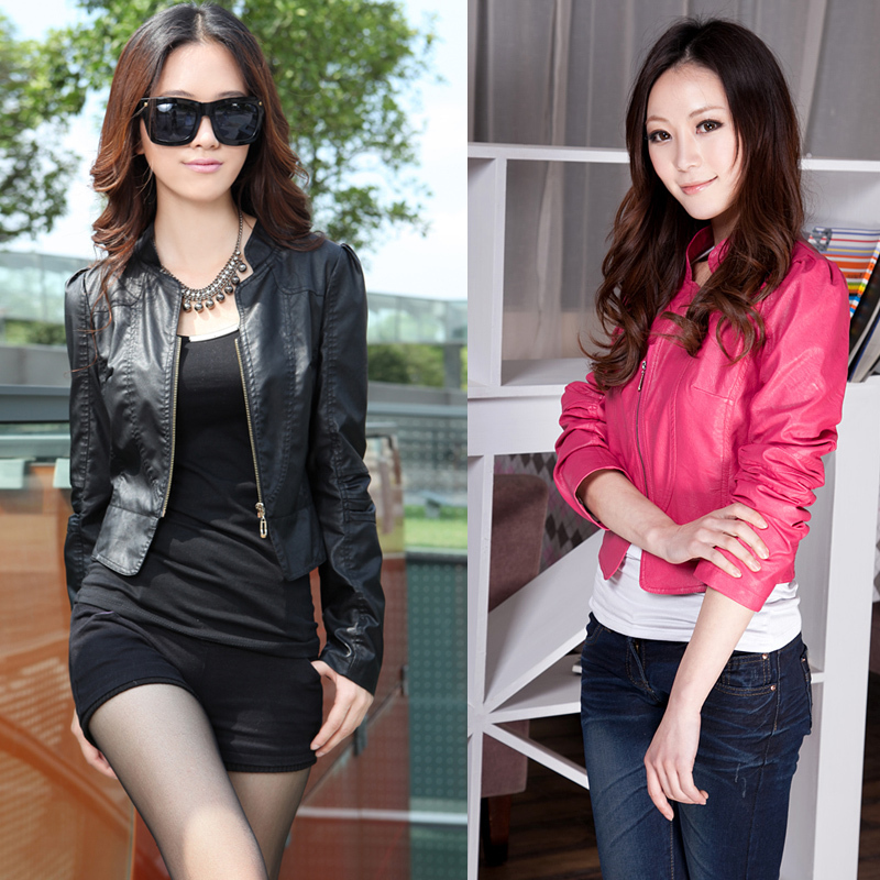 Autumn women's new arrival short jacket slim long-sleeve stand collar brief elegant PU clothing cool motorcycle jacket