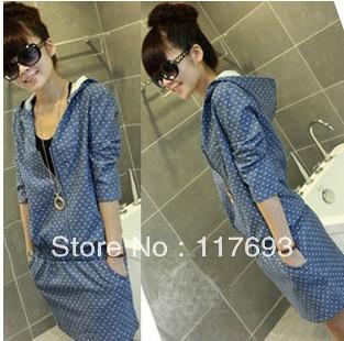 autumn women's side zipper denim half sleeve one-piece dress hooded casual one-piece dress short dot skirt