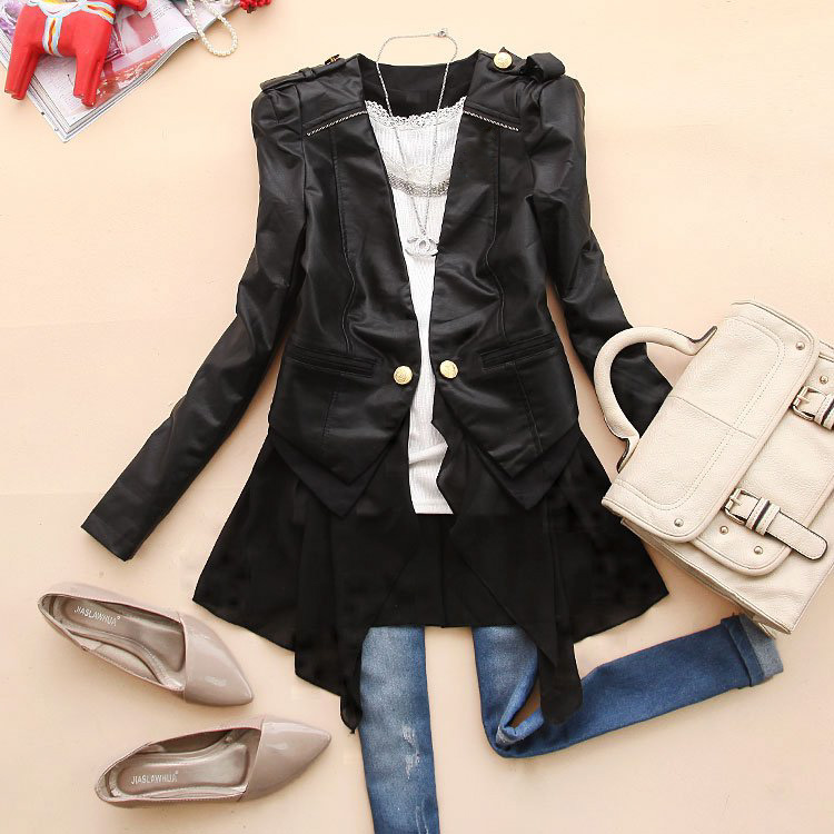 Axd-x947 2013 spring new arrival women's irregular V-neck patchwork leather clothing outerwear b-25