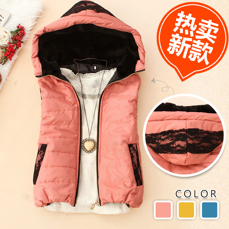 Axq-u924 2012 autumn and winter women lace patchwork plush with a hood vest j-11