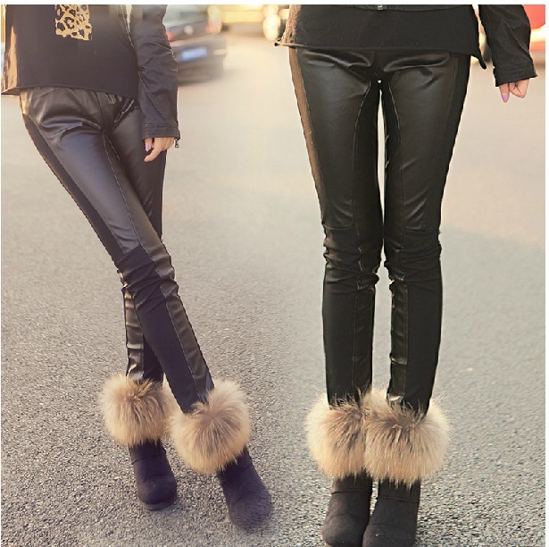 Ayra autumn and winter tight PU faux leather pants fashion patchwork legging trousers boot cut jeans pants