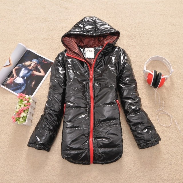 B-16 autumn and winter female wadded jacket medium-long patent leather brief fashionable casual with a hood 0.55