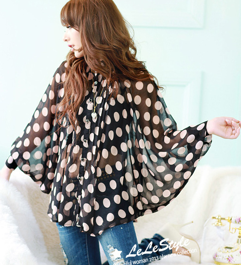 B 8004 autumn new arrival batwing sleeve polka dot chiffon shirt real pictures with model 19 - 300