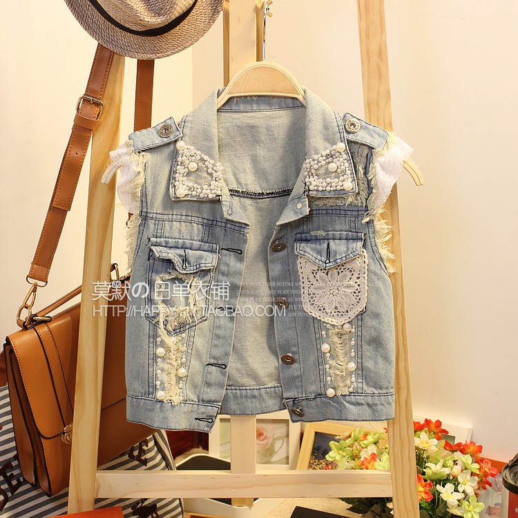 B211 summer women's fashion pearl hole short design water wash denim vest vest